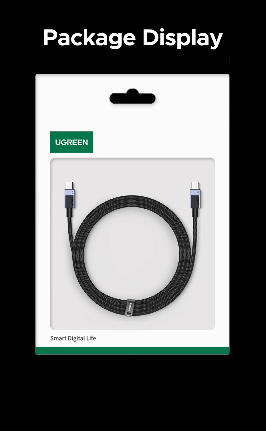 UGREEN black USB-C to USB-C cable in its original white retail packaging, displayed on a solid black background under the heading 'Package Display'.