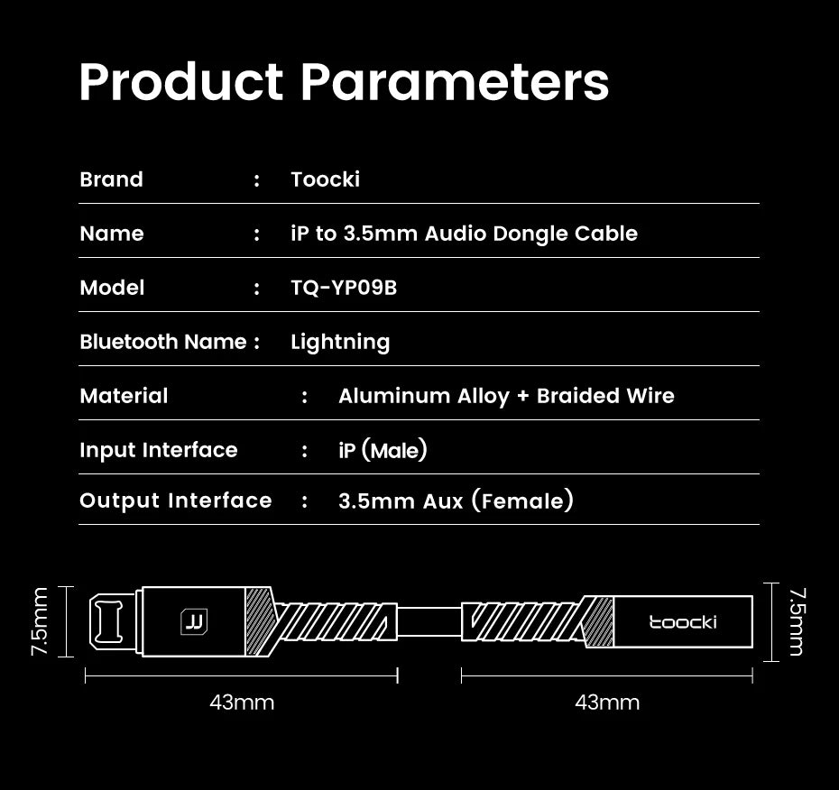 Product parameters of a Toocki audio dongle cable on a black background