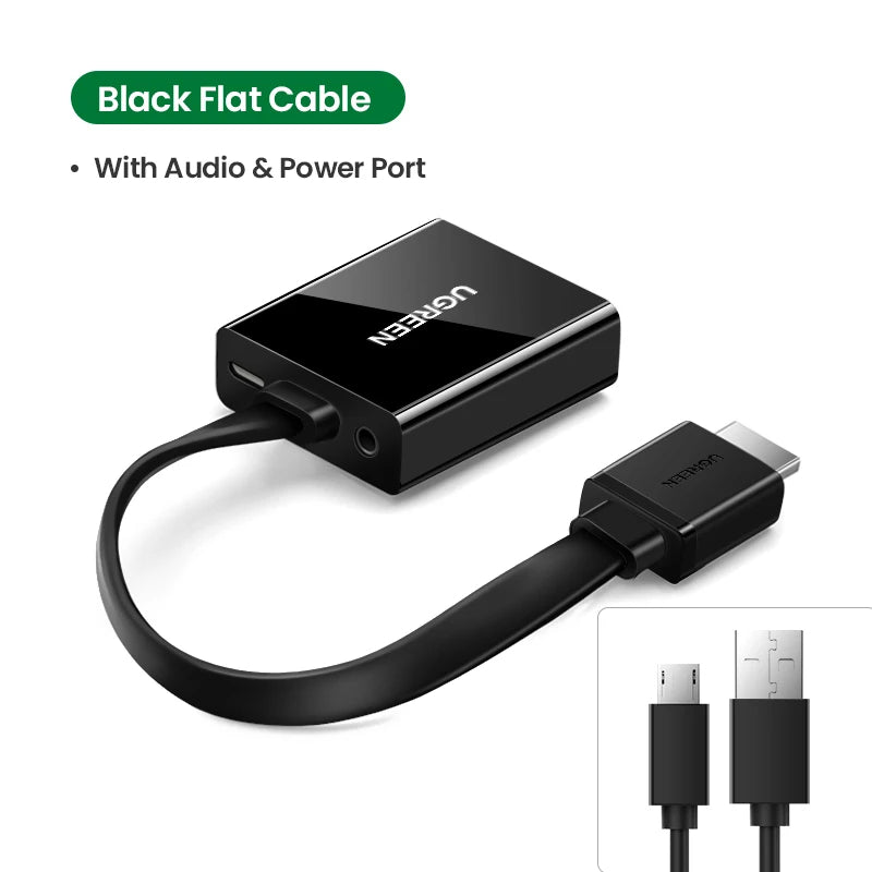 Black flat cable audio adapter with USB-C to HDMI and audio port, shown on a white background with text reading 'Black Flat Cable' and a small inset showing connector types.