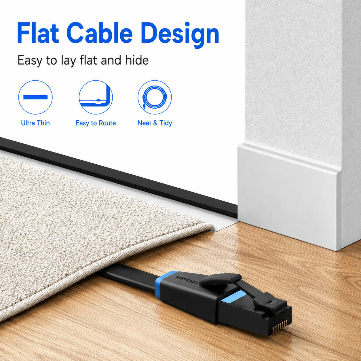 Black flat Ethernet cable with RJ45 connectors shown under a beige rug on a wood floor, with text reading 'Flat Cable Design' and feature icons above.