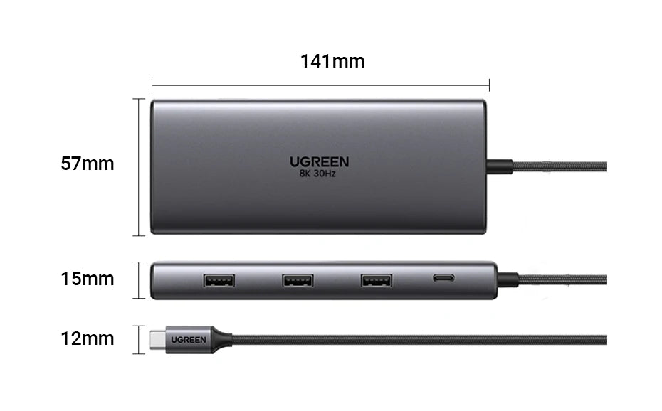 UGREEN USB-C hub with dimensions labeled on a white background