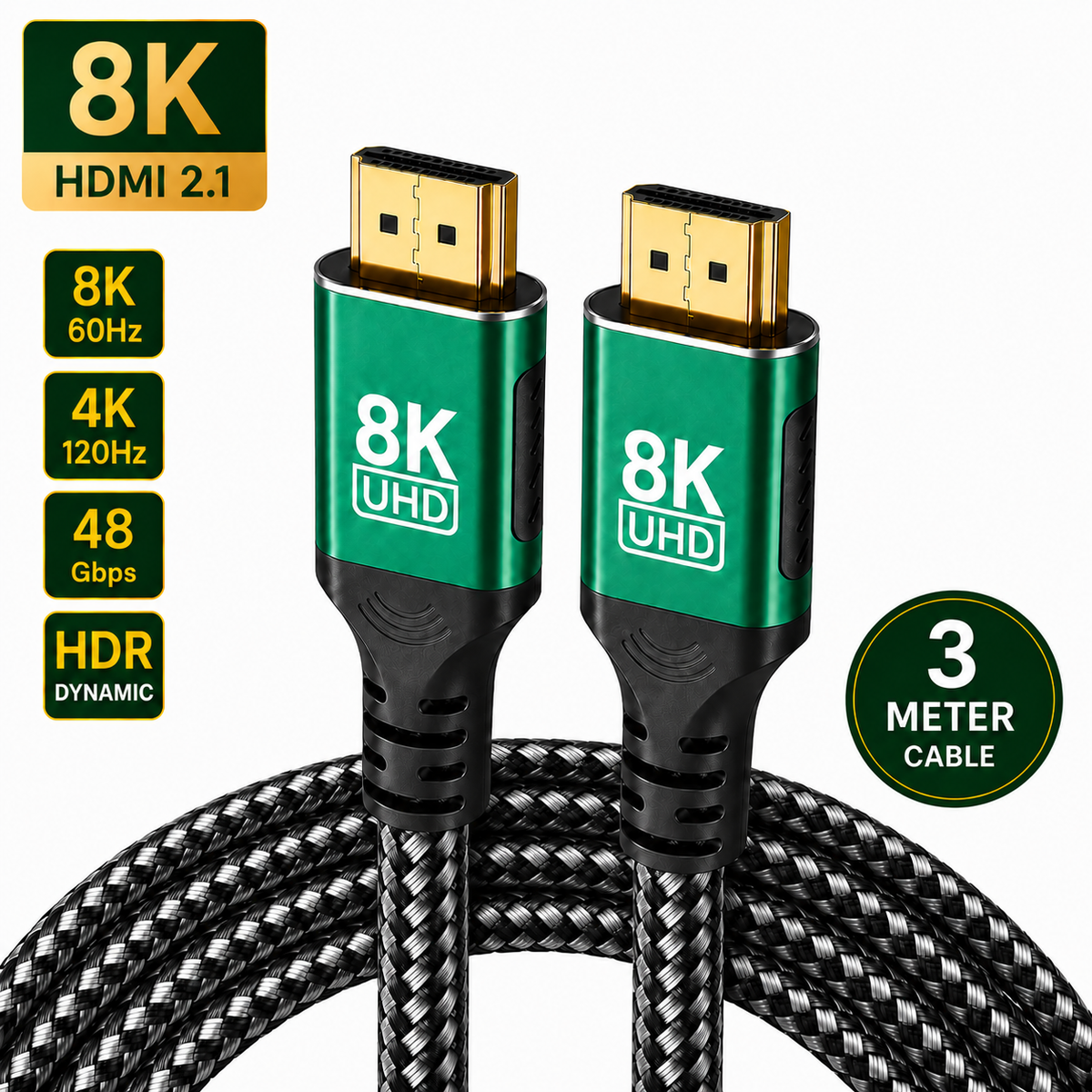 8K UHD HDMI 2.1 cable with two gold-plated HDMI connectors on green and black housings, shown with a black braided cable on a white background with feature badges.