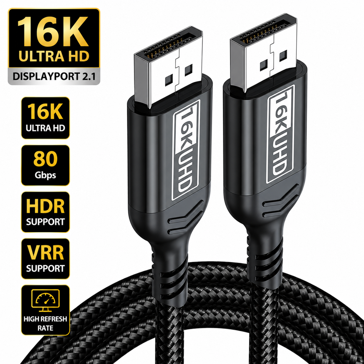 Black 16K Ultra HD HDMI cable with braided cord and two connector ends labeled 16K UHD, shown on a white background with feature callouts for 16K Ultra HD, 80 Gbps, HDR support, VRR support, and high refresh rate.