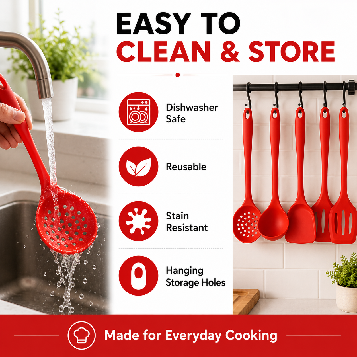 Red silicone kitchen utensils including a slotted spoon, ladle, and spatula shown in a promotional graphic with text reading 'EASY TO CLEAN & STORE,' icons for dishwasher safe, reusable, stain resistant, and hanging storage holes, and a hand rinsing one utensil at a sink.