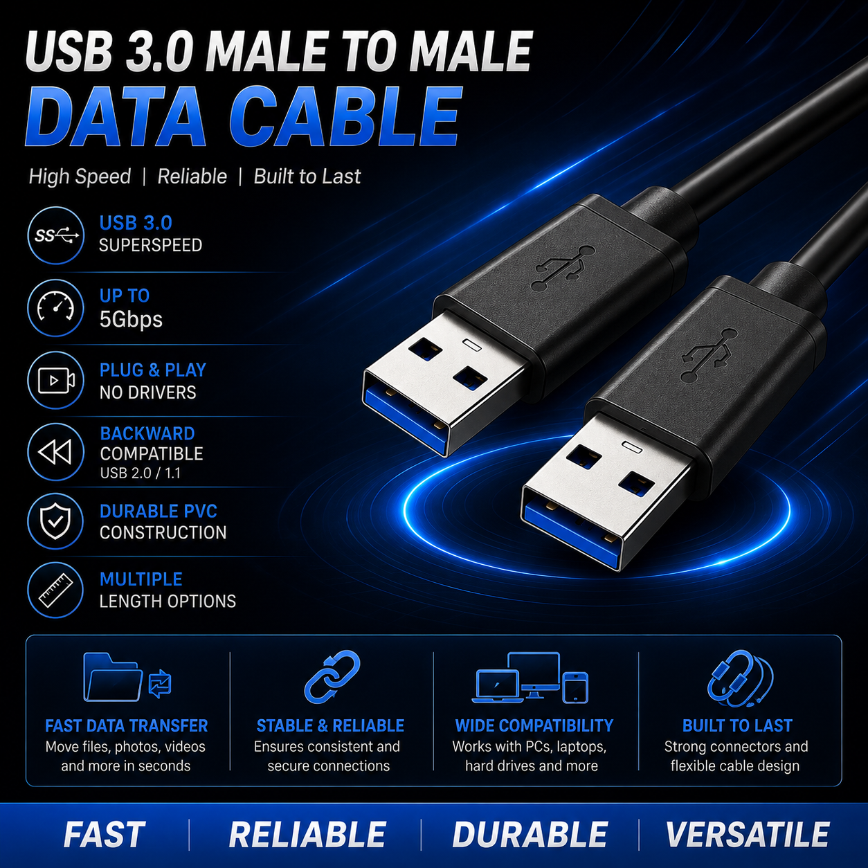 USB 3.0 male to male data cable shown on a dark blue promotional background with feature callouts and close-up views of the USB-A connectors.