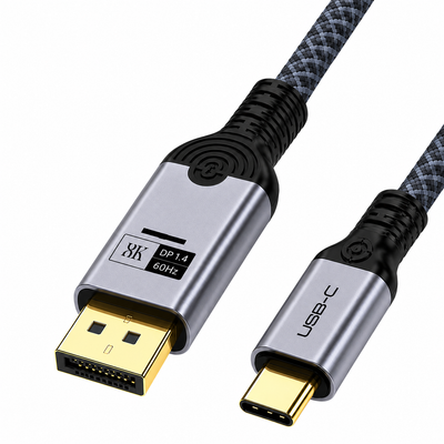 A close-up of a high-speed HDMI cable with a USB-C connector, featuring a silver and black metal connector housing with gold-plated contacts, on a plain white background.