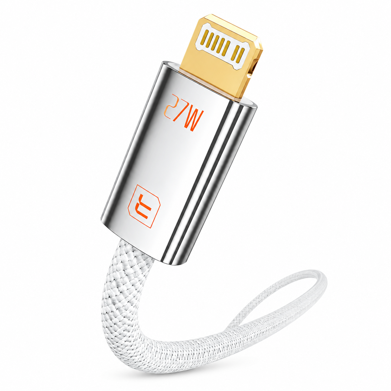 A 27W wireless charging adapter with a silver metallic body, gold-plated connector, and a white braided cable, shown on a clean white background.