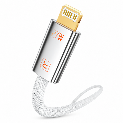 A 27W wireless charging adapter with a silver metallic body, gold-plated connector, and a white braided cable, shown on a clean white background.