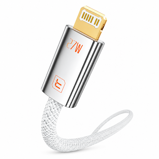 A 27W wireless charging adapter with a silver metallic body, gold-plated connector, and a white braided cable, shown on a clean white background.