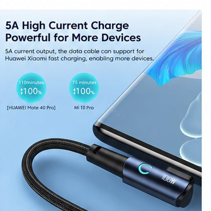 A 5A high current charging cable shown plugged into a smartphone on a light blue background with promotional text and icons highlighting fast charging support for Huawei devices.