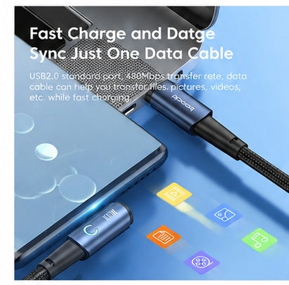 A blue and black braided USB-C data cable shown plugged into a smartphone, with promotional text reading 'Fast Charge and Datge Sync Just One Data Cable' and small app-style icons on a blue background.