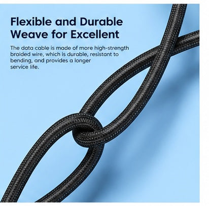 A close-up of a black braided data cable forming a knot against a light blue background, with promotional text on the left reading 'Flexible and Durable Weave for Excellent.'.