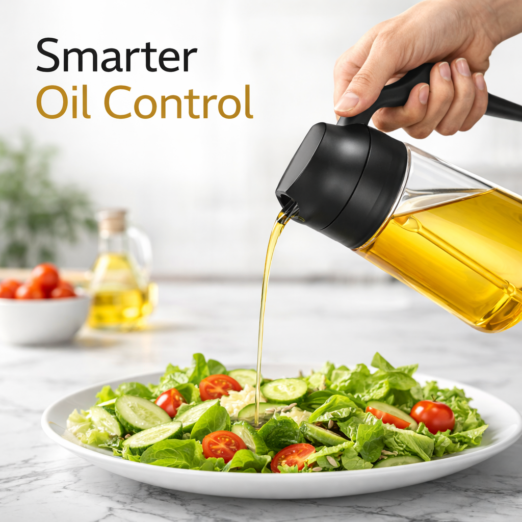 Person pouring oil from a bottle onto a salad with 'Smarter Oil Control' text.