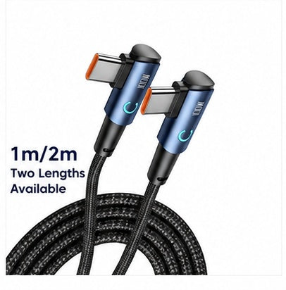 A pair of blue and black USB-C to USB-C charging cables with braided black cords, shown on a white background with text indicating two lengths are available.