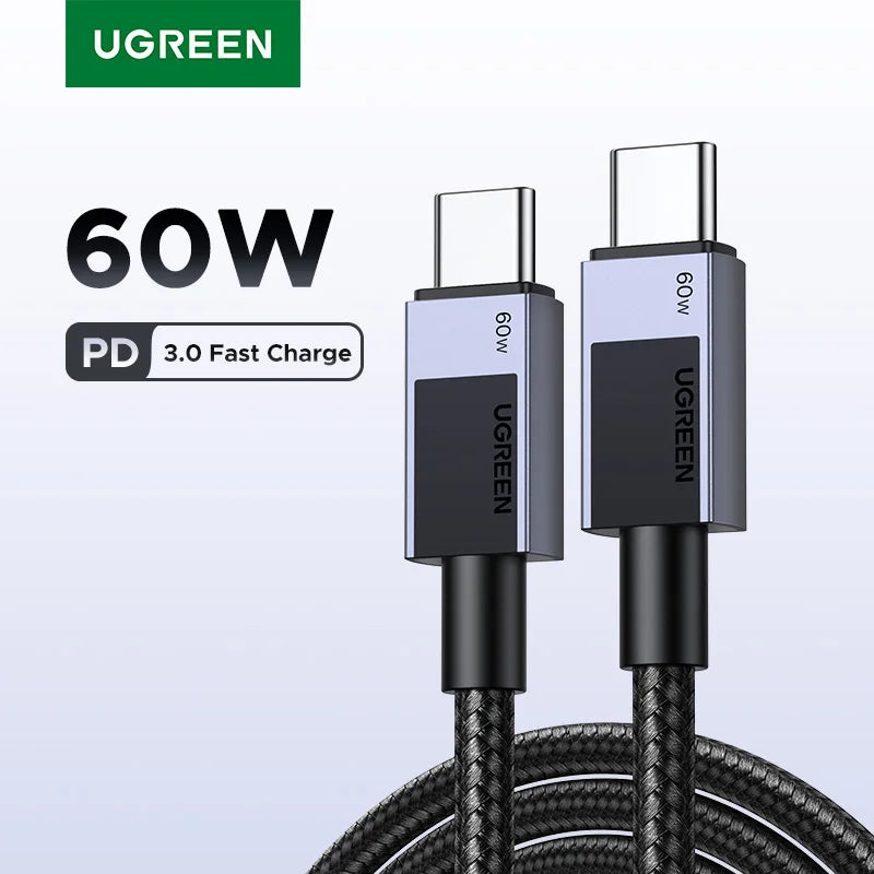 UGREEN 60W USB-C to USB-C fast charging cable with braided black cord, shown with product details and charging text on a light gradient background.