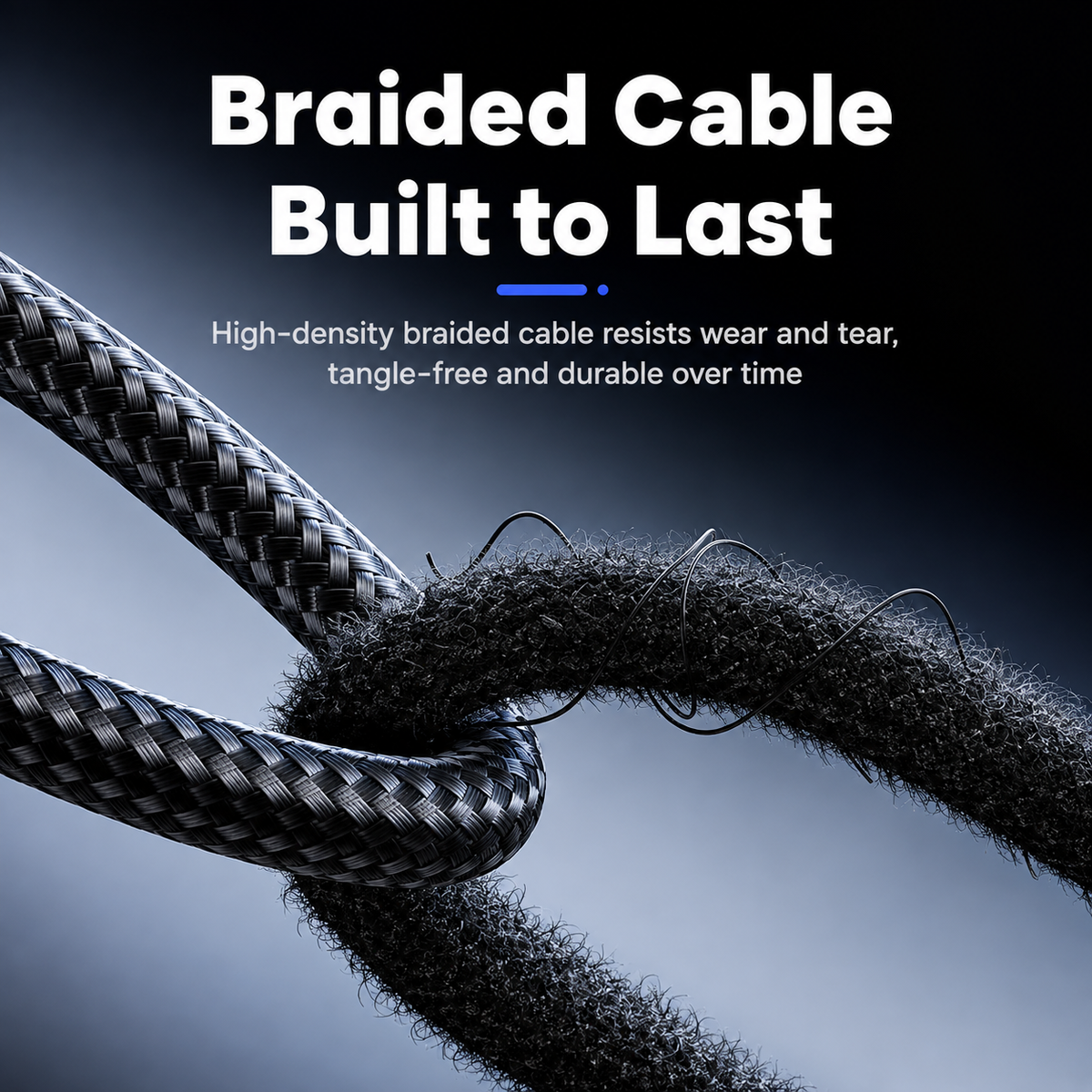 Braided cable built to last, shown in a close-up studio-style shot with promotional text reading 'Braided Cable Built to Last' and supporting copy about resistance to wear and tear.