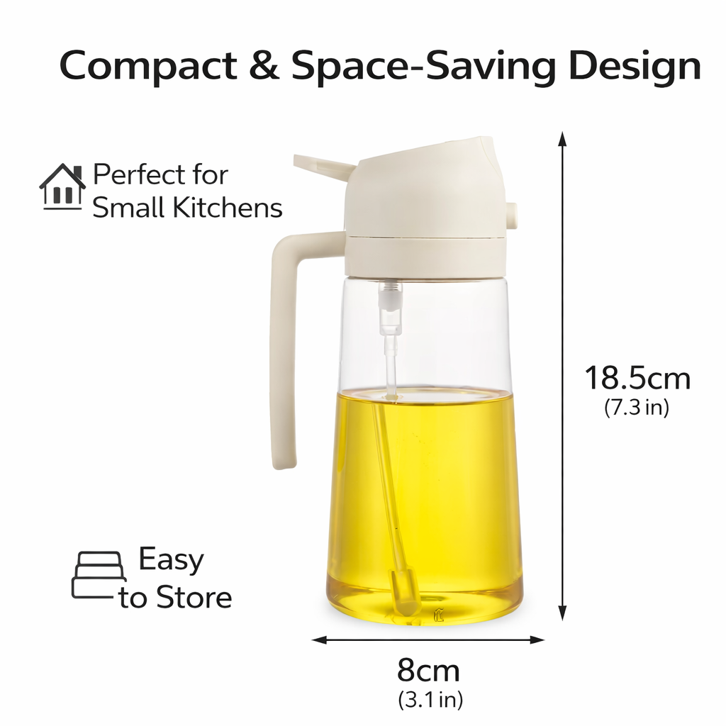 Compact oil dispenser with measurements and text on a white background