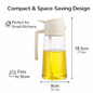 Compact oil dispenser with measurements and text on a white background