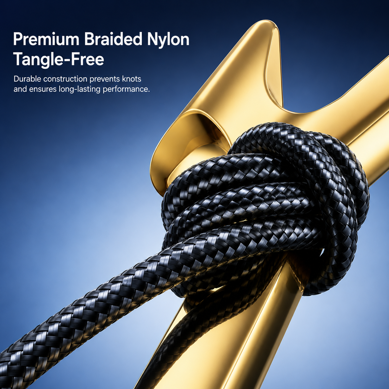 Close-up of a black braided nylon rope tied around a shiny gold metal object, with text on a blue gradient background reading 'Premium Braided Nylon Tangle-Free.'.