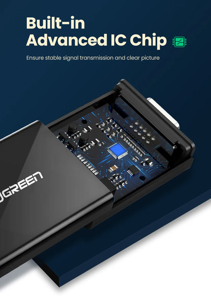 A black Logitech electronic accessory with a hinged cover open to reveal a blue printed circuit board and integrated chip, set against a dark blue background with promotional text about an advanced IC chip.