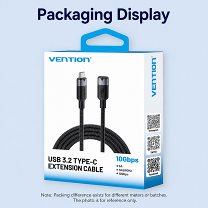 Vention USB 3.2 Type-C Extension Cable packaging display box on a light blue background, showing the product box front with cable illustration and connectors, plus the headline 'Packaging Display'.