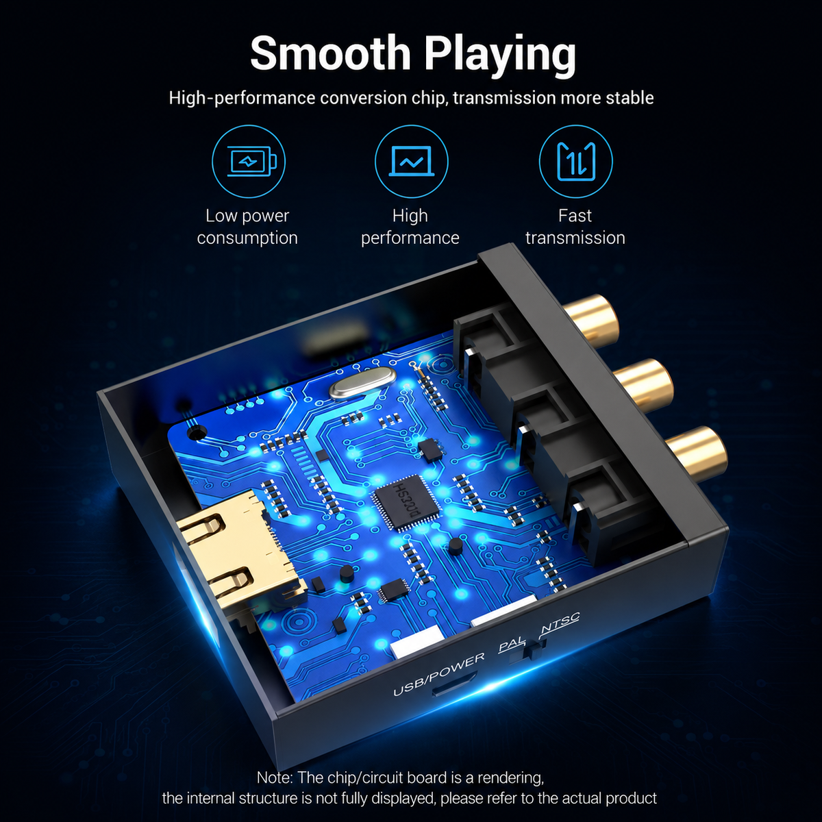 A black audio adapter or receiver device with a glowing blue internal circuit board, shown on a dark background with marketing text and icons about smooth playback, low power consumption, high performance, and fast transmission.