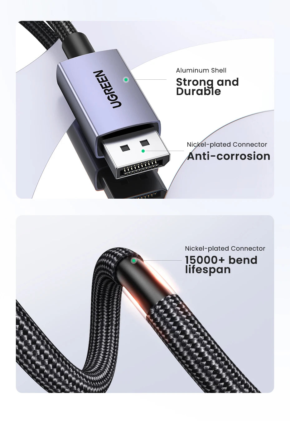 A braided USB-C charging cable shown in two product feature panels with text callouts: an aluminum shell connector labeled 'Strong and Durable' and a nickel-plated connector labeled '15000+ bend lifespan'.