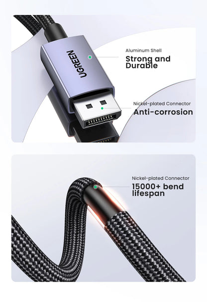 A braided USB-C charging cable shown in two product feature panels with text callouts: an aluminum shell connector labeled 'Strong and Durable' and a nickel-plated connector labeled '15000+ bend lifespan'.