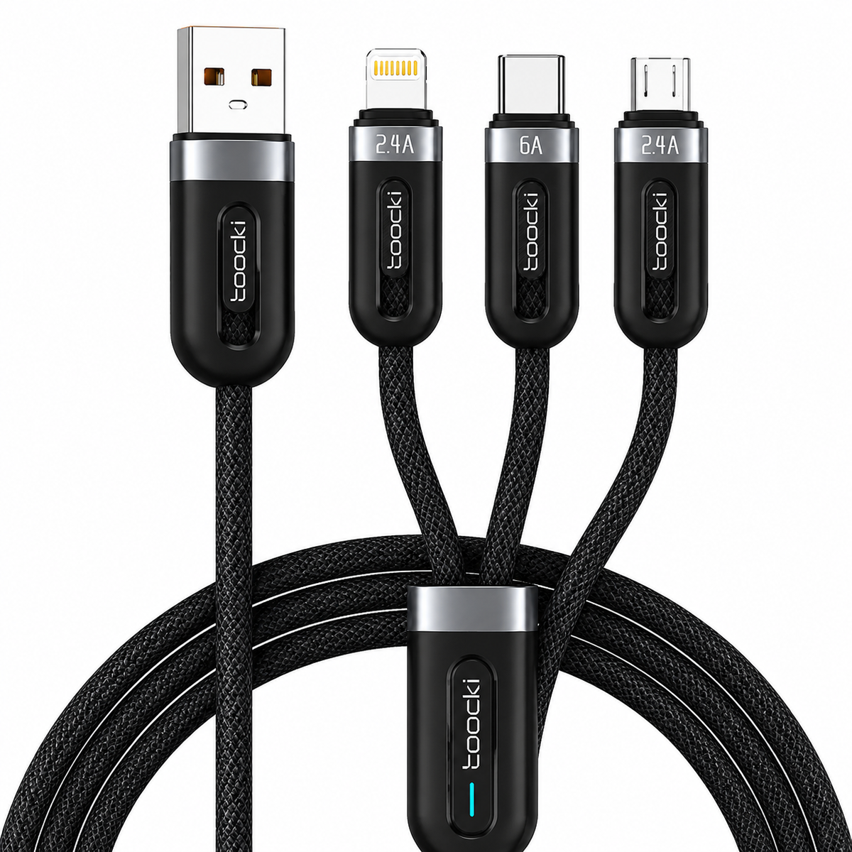 A black braided USB-C multi-port charging cable with four connectors (one USB-A, three USB-C/Lightning) on a solid white background. The brand name 'toocki' is visible on the connector sleeves, and the port speeds '24A', '6A' are printed near the connectors.