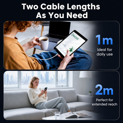 Promotional graphic for two cable lengths, showing a top panel with a person using a tablet via a charging cable labeled 1m, and a bottom panel with a woman on a sofa using a phone via a charging cable labeled 2m. Large text at the top reads 'Two Cable Lengths As You Need'.