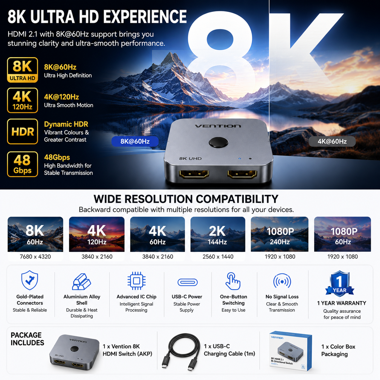 Promotional infographic for a Vention 8K ultra HD HDMI switch and hub, showing the product box, switch, and cable against a mountain backdrop, with feature callouts for 8K, 4K, HDR, and wide resolution compatibility.