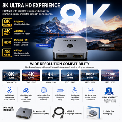 Promotional infographic for a Vention 8K ultra HD HDMI switch and hub, showing the product box, switch, and cable against a mountain backdrop, with feature callouts for 8K, 4K, HDR, and wide resolution compatibility.