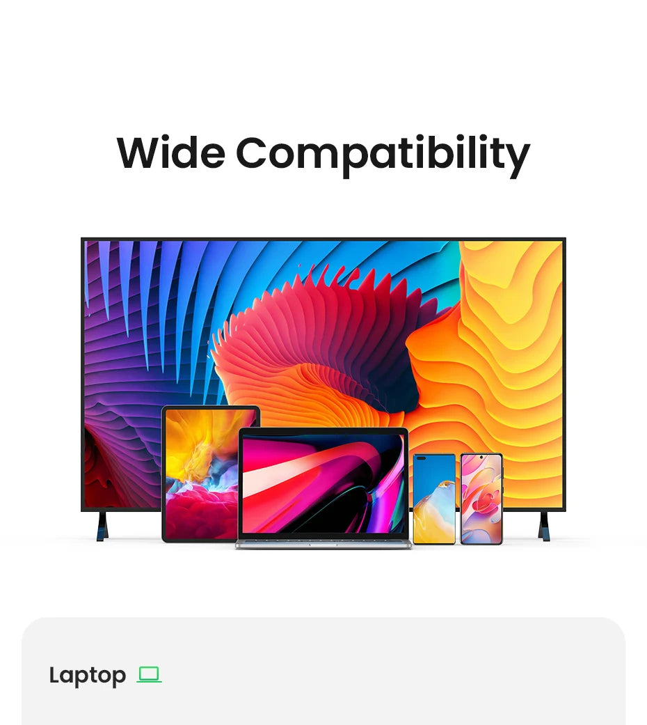Display of various electronic devices with colorful screens on a white background, labeled 'Wide Compatibility'.