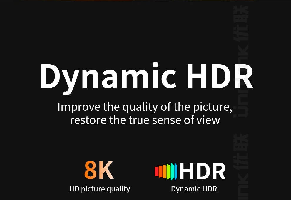 Advertisement for Dynamic HDR technology with text and logos on a black background
