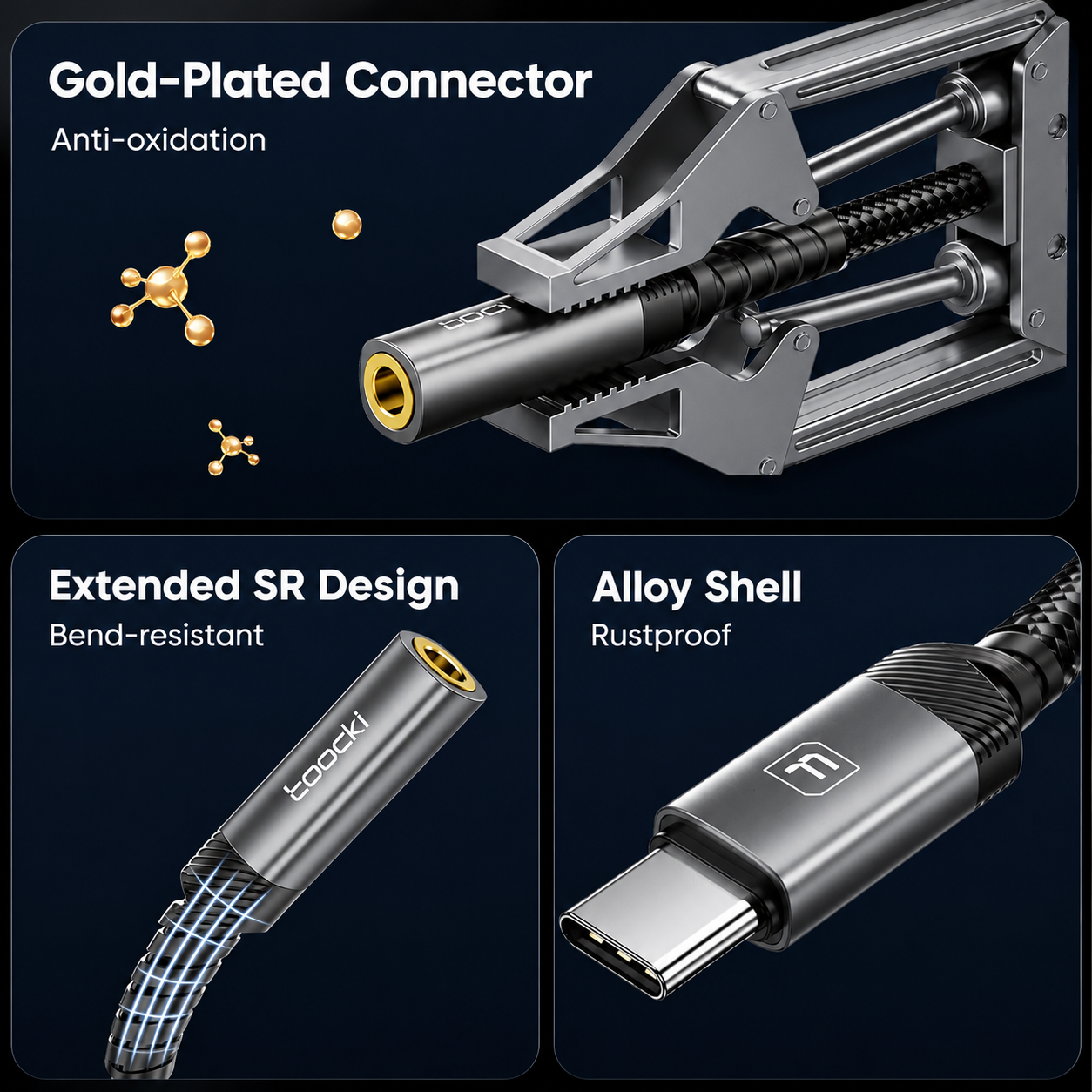 Three-panel product feature graphic for a USB-C cable connector. Top panel shows a gold-plated connector with text 'Gold-Plated Connector' and 'Anti-oxidation.