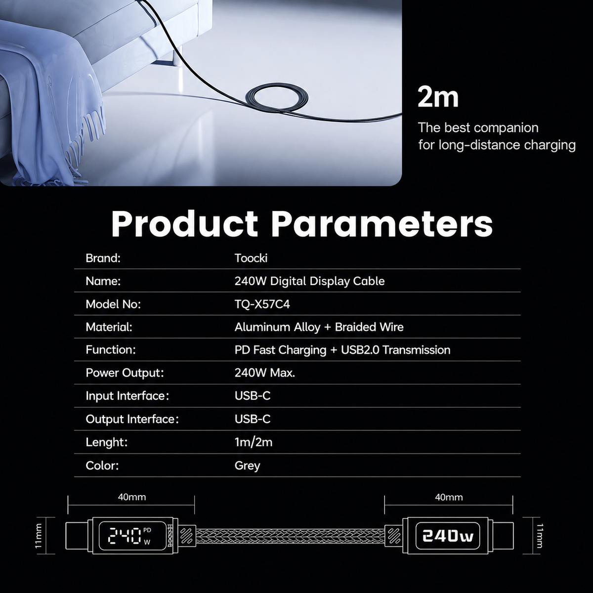 Product information graphic for a Toocki 240W digital display cable, showing a small inset photo of the cable, marketing text, a product parameters table, and a cable end schematic with dimensions.