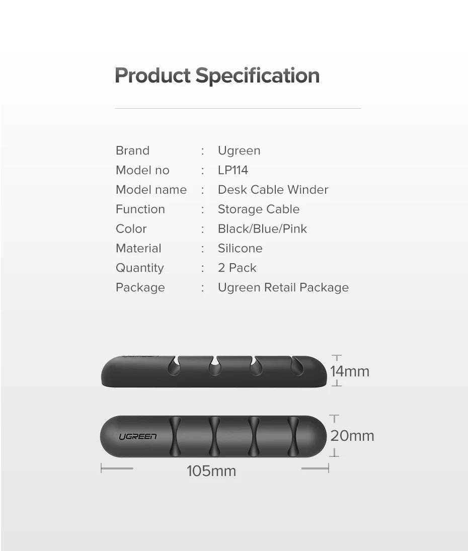 Product specification sheet for the Ugreen LP114 Desk Cable Winder, showing dimensions (105mm length, 14mm and 20mm cable widths) and material details for the black silicone cable winders.