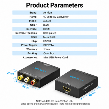 Product parameters table and dimensions for a Vention HDMI to AV Converter, with a black metal shell device shown twice with cable connectors and size measurements.