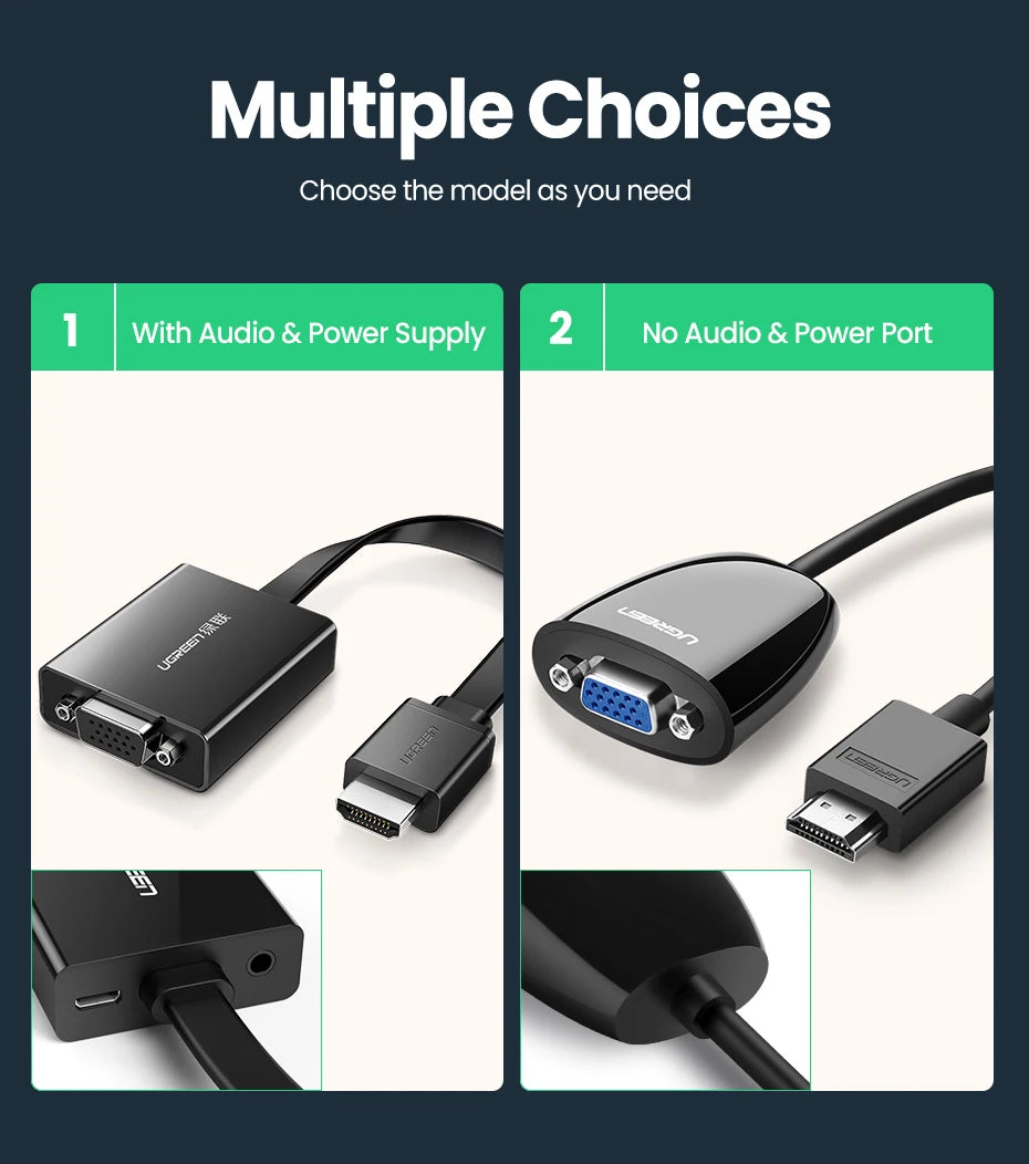 A promotional graphic showing two HDMI adapter options under the heading 'Multiple Choices.' Option 1 is labeled 'With Audio & Power Supply' and shows a black adapter with a VGA output, HDMI output, audio jack, and power cable.