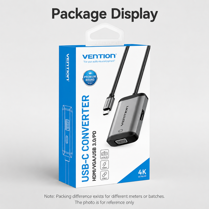 Vention USB-C to HDMI/ VGA 3.0/PD adapter shown in its retail packaging box on a light gray background, with 'Package Display' text at the top.