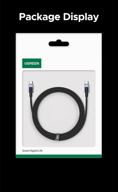 UGREEN black USB-C to USB-C cable in its original white retail packaging, displayed on a solid black background under the heading 'Package Display'.