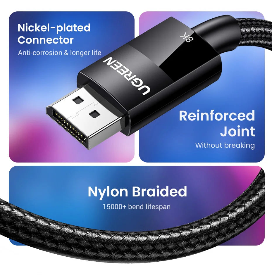 A black UGREEN HDMI cable with a braided nylon exterior and a nickel-plated connector, shown with promotional text callouts on a blue and purple gradient background.