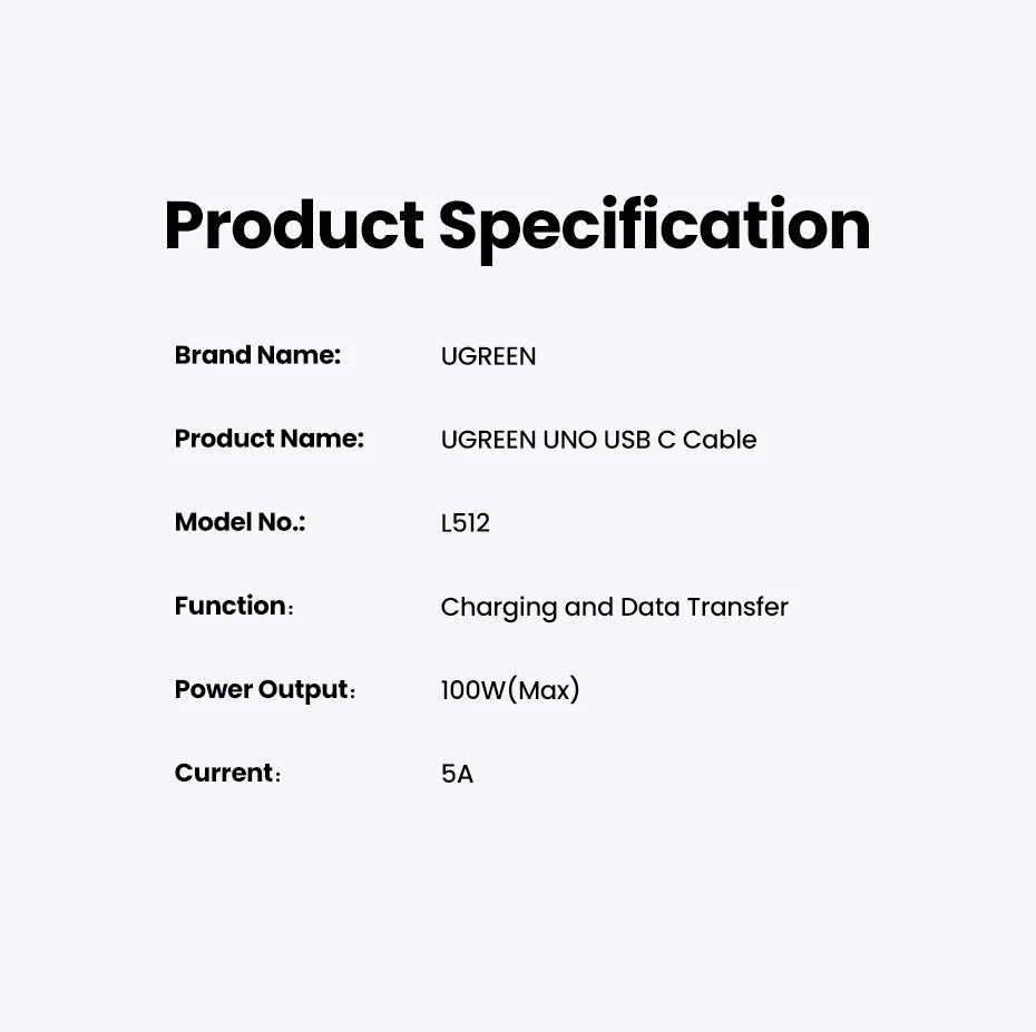 Product specification card for UGREEN UNO USB C Cable on a white background
