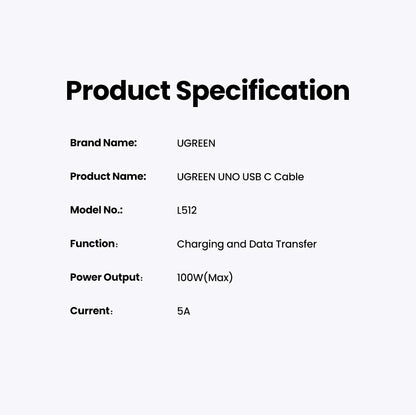 Product specification card for UGREEN UNO USB C Cable on a white background
