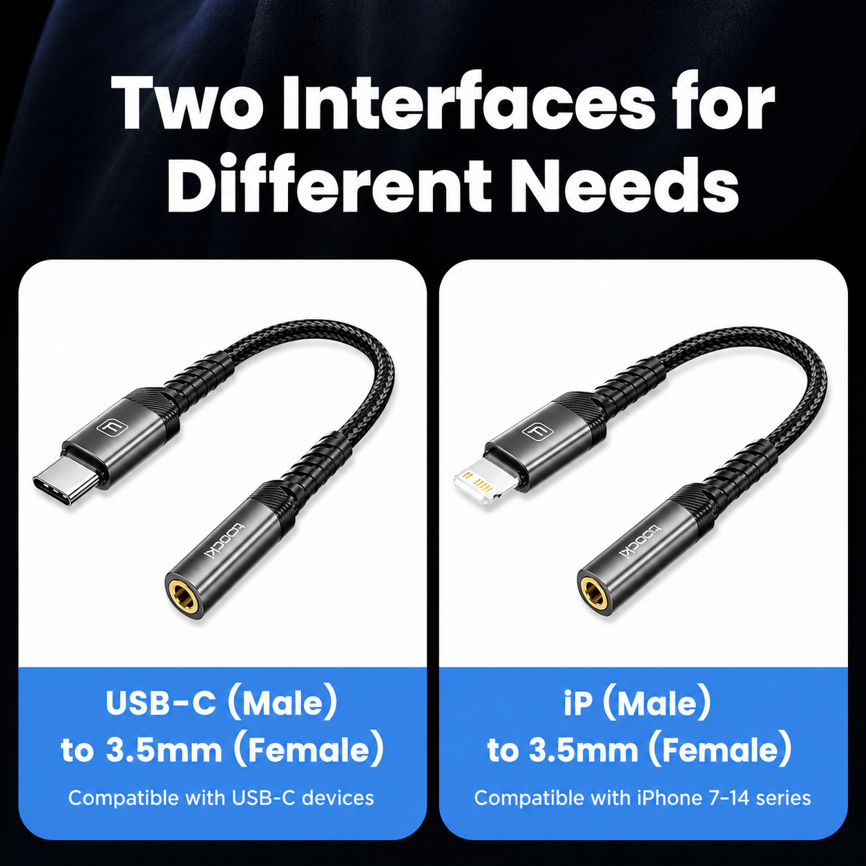 Promotional graphic showing two braided USB-C to 3.5mm female adapter cables side by side under the headline 'Two Interfaces for Different Needs.