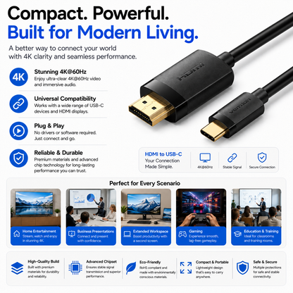 A compact HDMI cable shown on a white background with marketing text, icons, and feature callouts. The cable has a black outer jacket with gold-plated metal connectors at both ends.