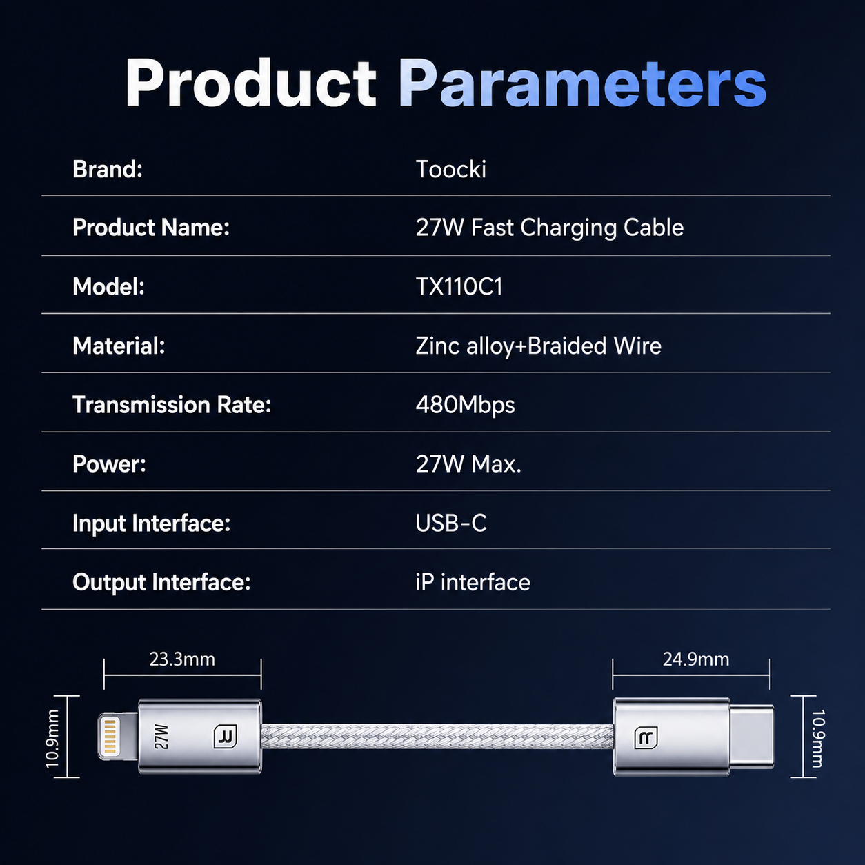 Product parameters table for a Toocki 27W fast charging cable, with dimensions and connector details shown below on a dark blue background.