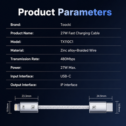 Product parameters table for a Toocki 27W fast charging cable, with dimensions and connector details shown below on a dark blue background.
