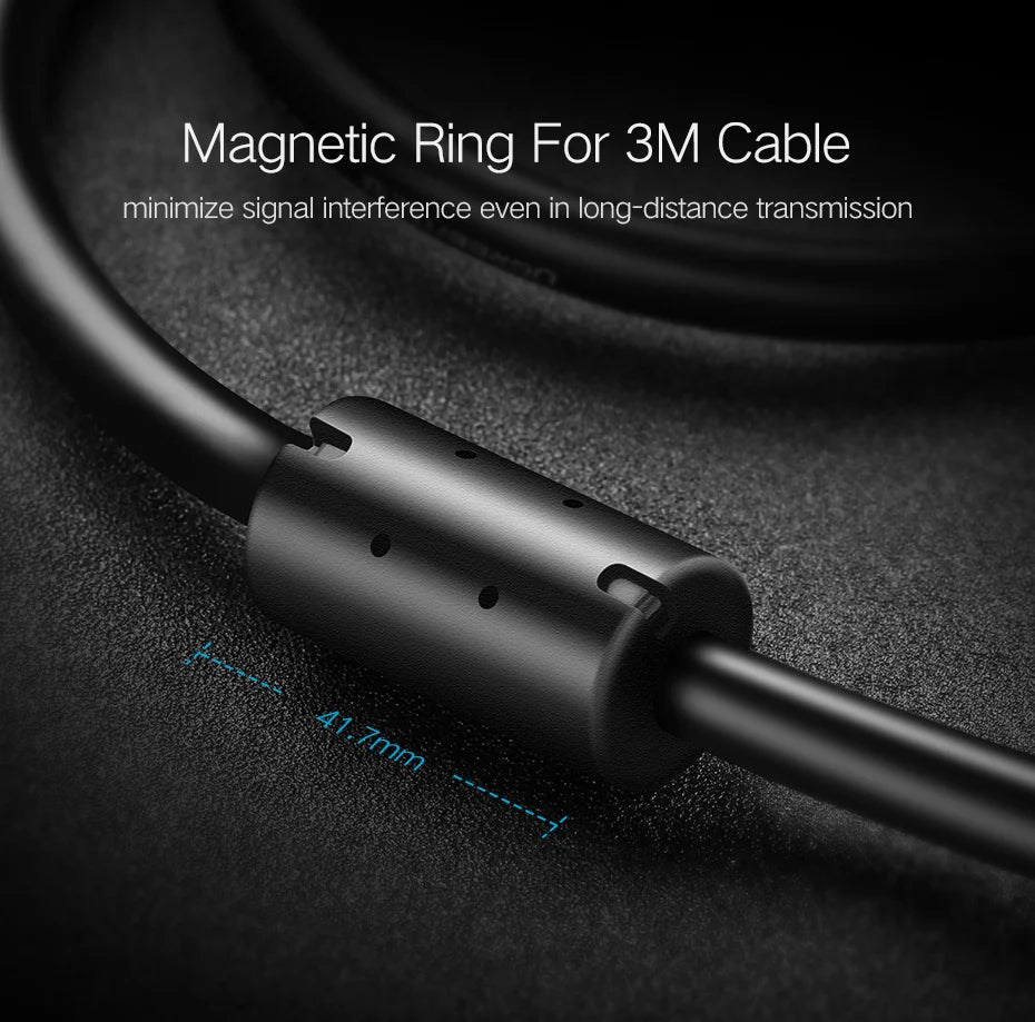 A close-up of a black magnetic cable ring clamp holding a 3M cable, with overlaid text reading 'Magnetic Ring For 3M Cable' and a small blue measurement note on a dark textured background.