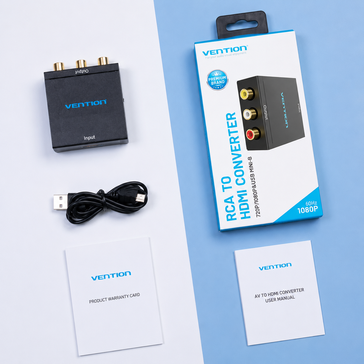 Vention RCA to HDMI converter kit laid out on a split white and light blue background, including the black converter device, retail box, USB cable, warranty card, and user manual.